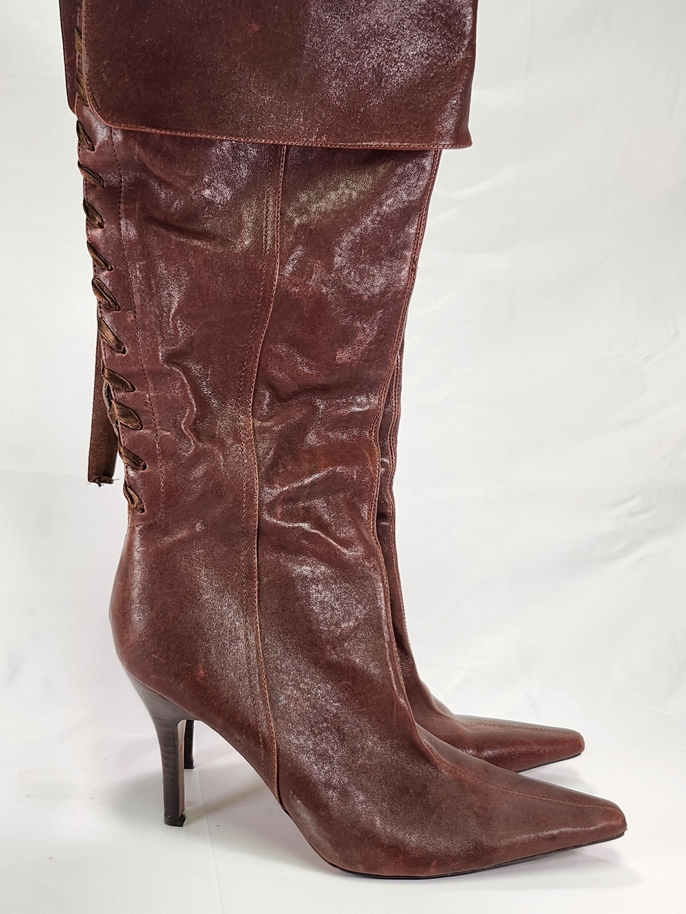 Bakers Brown Pointed-Toe Lace-Back Leather Heeled Boots